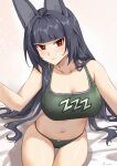  1girl animal_ears bare_shoulders black_hair black_panties blunt_bangs blush breasts cleavage crop_top highres hoshimi_miyabi large_breasts linreplica long_hair looking_at_viewer midriff navel panties red_eyes sitting solo sports_bra stomach thighs underwear very_long_hair zenless_zone_zero 