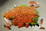  absurdres dated fish_(food) floating food food_focus highres ikura_(food) leaf no_humans original reflection signature surreal tainosuke 