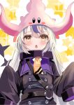  ascot braid braided_bangs collar grey_hair hair_wings highres hololive horns kirby kirby_(series) la+_darknesss la+_darknesss_(1st_costume) metal_collar multicolored_hair pointy_ears purple_hair sakutuki sleeves_past_fingers sleeves_past_wrists streaked_hair virtual_youtuber yellow_ascot yellow_eyes 