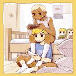  1boy 1girl alternate_costume bare_arms bed blonde_hair blush border brown_pants butterfly_sitting casual character_doll closed_mouth contemporary controller dark-skinned_female dark_skin game_controller head_between_thighs highres holding holding_controller holding_game_controller indoors knees_apart_feet_together leaning_forward link long_hair on_bed on_floor pants pillow playing_games pointy_ears princess_zelda senzo6700 shirt shorts sitting sleeveless sleeveless_shirt smile socks tetra the_legend_of_zelda the_legend_of_zelda:_the_wind_waker toon_link white_socks yellow_border 