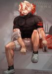  2022 anthro arknights black_clothing black_shirt black_topwear bottomwear canid canine canis clothing domestic_dog fur hair hi_res horn hung_(arknights) hypergryph long_hair looking_away male mammal melon_airaiku multicolored_hair muscular muscular_anthro muscular_male orange_hair shirt shorts sitting smile solo studio_montagne t-shirt tan_body tan_fur tight_clothing topwear two_tone_hair white_body white_fur white_hair 
