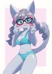  2023 4_fingers anthro blue_eyes blush bodily_fluids bra braided_hair breasts cleavage clothed clothing digital_media_(artwork) domestic_cat embarrassed eyewear felid feline felis female female_anthro fingers fur glasses grey_body grey_fur grey_hair hair kemono looking_at_viewer mammal multicolored_hair navel panties pawpads pigtails pink_hair solo sweat sweatdrop tail underwear underwear_only unousaya 