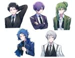  5boys arm_up black_jacket black_necktie black_shirt black_vest chesed_(project_moon) coat collared_shirt folded_ponytail green_coat green_hair grey_necktie hair_over_one_eye hokma_(project_moon) jacket library_of_ruina long_sleeves looking_at_viewer low_ponytail mikoto0x0 multiple_boys necktie netzach_(project_moon) project_moon purple_coat purple_hair roland_(library_of_ruina) shirt simple_background vest white_background white_coat white_hair white_shirt yesod_(project_moon) 