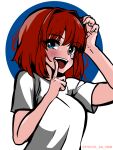  1girl absurdres alternate_hairstyle aozaki_aoko blue_eyes blush fukou hand_on_own_head highres melty_blood red_eyes shirt short_hair signature solo tagme tsukihime white_background white_shirt 