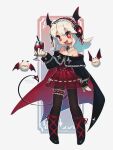  +_+ 1girl :d absurdres alternate_eye_color bat_(animal) blood cape cup demon_tail digitan_(porforever) drinking_glass fang frilled_hairband frills gloves hairband highres looking_at_viewer medium_hair original pantyhose porforever red_skirt skirt smile tail vampire white_gloves white_hair wine_glass 