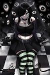  1girl absurdres amissio aqua_eyes aria_wintermint bare_shoulders belt black_belt black_choker black_hair black_skirt camisole check_copyright checkered_floor choker collarbone commentary copyright_request crop_top feet_out_of_frame green_thighhighs hair_over_one_eye highres long_hair long_sleeves looking_at_viewer midriff miniskirt navel rageman709 sitting skirt solo striped striped_thighhighs the_crawling_city thighhighs very_long_hair 