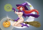  1girl boots breasts broom cape censored commentary_request crescent_moon gloves hat heart heart_censor high_heel_boots high_heels holding holding_broom holding_wand jack-o&#039;-lantern kanno_natsumi large_breasts long_hair moon nude purple_cape purple_eyes purple_gloves red_hair solo star_(symbol) star_jewel wand witch_hat yoshiten 