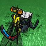  1:1 2014 2_toes amber_eyes antennae_(anatomy) anthro arthropod biped black_body book cecil_(mortisreptus) damselfly digital_drawing_(artwork) digital_media_(artwork) feet grass holding_book holding_object insect insect_wings looking_back male mortisreptus multi_arm multi_limb multicolored_tail outside plant sitting solo tail toes wings yellow_body 