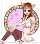  1girl animal_ears black_thighhighs blush breasts brown_hair cat_ears cat_tail collarbone gloves green_eyes hair_ornament hairclip highres long_hair looking_at_viewer navel open_mouth rorongaxx skirt smile solo sophia_esteed star_ocean star_ocean_till_the_end_of_time tail thighhighs 