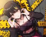  1girl animal_print black_hair black_jacket blonde_hair blush braid braided_bun breasts caution_tape collarbone commission cropped_shirt double_bun dutch_angle fingernails hair_bun hands_on_own_cheeks hands_on_own_face idolmaster idolmaster_shiny_colors ikaruga_luca jacket kamille_(vcx68) leopard_print looking_at_viewer multicolored_hair nail_polish navel off-shoulder_shirt off_shoulder pink_skirt pleated_skirt shirt skirt small_breasts solo streaked_hair yellow_eyes 