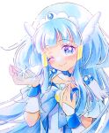  1girl absurdres aoki_reika arm_up blue_eyes blue_hair blue_theme blush bow choker commentary_request cure_beauty hair_tubes head_wings highres jewelry lilylily0601 lipgloss long_hair looking_at_viewer magical_girl one_eye_closed precure sidelocks smile smile_precure! snowflakes solo tiara white_background wings wrist_cuffs 