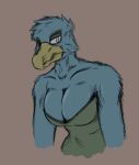  anthro avian axentooth beak big_breasts blue_body blue_feathers breasts cleavage cleavage_overflow clothed clothing deep_cleavage dress feathers female glistening glistening_breasts green_clothing green_dress heterochromia looking_aside narrowed_eyes portrait servia_(axentooth) solo three-quarter_view tight_clothing topwear 