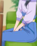  1girl belt black_hair couch hair_over_shoulder haruyama_kazunori healin&#039;_good_precure long_hair panties plant ponytail potted_plant precure sawaizumi_chiyu sitting solo underwear 