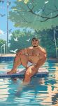  1boy absurdres ai-assisted arm_hair bara beard belly blush bulge chest_hair facial_hair fat_rolls gangdong hairy highres large_pectorals leg_hair looking_at_viewer male_focus male_swimwear mature_male muscular muscular_male navel navel_hair nipples original pectorals poolside short_hair smile soaking_feet solo stomach swim_briefs thick_eyebrows thick_thighs thighs topless_male tree white_male_swimwear 