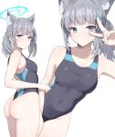  1girl 7neet absurdres animal_ear_fluff animal_ears ass black_one-piece_swimsuit blue_archive blue_eyes breasts competition_swimsuit covered_navel cowboy_shot cross_hair_ornament extra_ears grey_hair hair_ornament halo highres looking_at_viewer low_ponytail medium_breasts medium_hair mismatched_pupils multicolored_clothes multicolored_swimsuit multiple_views official_alternate_costume one-piece_swimsuit one-piece_thong shiroko_(blue_archive) shiroko_(swimsuit)_(blue_archive) simple_background swimsuit v_over_eye white_background wolf_ears 