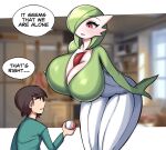  2023 big_breasts breasts clothed clothing dialogue duo english_text female gardevoir generation_3_pokemon green_body green_hair hair hi_res huge_breasts human larger_female male mammal nintendo not_furry open_mouth pokeball pokemon pokemon_(species) saltyxodium size_difference smaller_human smaller_male speech_bubble text white_body 