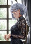  1girl absurdres ahoge alternate_costume black_shirt breasts curtains earrings floral_print from_side grey_eyes grey_hair gundam gundam_suisei_no_majo highres jewelry long_sleeves looking_at_viewer looking_to_the_side miorine_rembran nonoa_(user_ndkv3377) parted_lips see-through see-through_sleeves shirt short_hair small_breasts solo upper_body window 