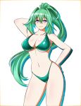  1girl arm_behind_head bare_shoulders bikini breasts collarbone cowboy_shot green_bikini green_eyes green_hair green_heart hair_between_eyes high_ponytail highleg highleg_bikini highres kazayan large_breasts long_hair navel neptune_(series) o-ring o-ring_bikini o-ring_top ponytail power_symbol power_symbol-shaped_pupils purple_eyes shiny_skin shiny_swimsuit silhouette simple_background solo standing stomach swimsuit symbol-shaped_pupils thighs very_long_hair white_background 