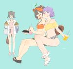  3girls ^_^ alternate_costume animal_ears animal_nose bag bikini black_footwear blank_eyes blue_background blush blush_stickers breasts cleavage clone closed_eyes crossed_legs double_bun drink flip-flops food glaring grey_choker grey_hair hair_bun hair_ornament hairclip halterneck highres hokaxak holding holding_drink holding_food holding_phone invisible_chair jacket jacket_over_swimsuit kiss kissing_cheek leaf leaf_on_head looking_at_another low_twintails mismatched_bikini mochi_hiyoko mode_aim multiple_girls navel off-shoulder_bikini off_shoulder one-piece_swimsuit open_mouth orange_bikini phone pink_one-piece_swimsuit plaid_bikini_bottom plastic_bag ponpoko_(vtuber) purple_hair raccoon_ears raccoon_girl raccoon_tail sandals short_hair short_twintails shoulder_bag signature simple_background sitting smile spaghetti_strap standing striped striped_bikini swimsuit tail takoyaki towel_on_arm triangle_mouth twintails virtual_youtuber white_footwear white_jacket yellow_bikini 