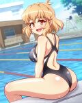  1girl ass back back_focus black_one-piece_swimsuit blue_sky brown_eyes cloud competition_swimsuit day dutch_angle feet_out_of_frame from_behind lane_line lifeguard_chair light_brown_hair looking_at_viewer looking_back one-piece_swimsuit open_mouth outdoors pool round_teeth senki_zesshou_symphogear short_hair sky solo swimsuit tachibana_hibiki_(symphogear) teeth two-tone_swimsuit upper_teeth_only zetsumu 