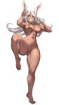  1girl :d abs absurdres animal_ears armpits ass_visible_through_thighs bare_shoulders barefoot boku_no_hero_academia breasts censored commission completely_nude dark-skinned_female dark_skin english_commentary feet fingernails full_body grey_background hands_up highres knee_up large_breasts legs long_eyelashes long_hair looking_at_viewer mirko mosaic_censoring navel nipples nude parted_bangs pussy rabbit_ears rabbit_girl red_eyes simple_background smile solo standing standing_on_one_leg stomach teeth thick_thighs thighs toenails toes toned very_long_hair white_hair zantyarz 
