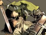  2boys cloak commentary_request eren_yeager facial_hair green_cloak holding holding_sword holding_weapon levi_(shingeki_no_kyojin) lying male_focus mo_cha_ri multiple_boys mustache on_back open_mouth shingeki_no_kyojin shirt_grab sword three-dimensional_maneuver_gear weapon 