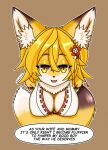  2023 absurd_res accessory alternate_species anthro apedrank big_breasts blonde_hair breasts brown_body brown_fur canid canine cleavage clothed clothing digital_media_(artwork) dipstick_ears dipstick_tail female fluffy fluffy_tail fox fur furrification hair hair_accessory half-closed_eyes hi_res inner_ear_fluff kemono looking_at_viewer looking_up mammal markings multicolored_body multicolored_ears multicolored_fur multicolored_tail narrowed_eyes red_clothing senko-san sewayaki_kitsune_no_senko-san short_hair simple_background solo tail tail_markings tuft white_body white_clothing white_fur yellow_body yellow_eyes yellow_fur 