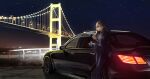  1girl black_jacket black_pants black_suit blue_eyes bridge brown_hair can car city_lights closed_mouth collared_shirt formal grey_shirt ground_vehicle highres holding jacket long_hair looking_afar motor_vehicle night night_sky original outdoors pants railing scenery shirt sky standing star_(sky) starry_sky suit suit_jacket toyota toyota_crown you&#039;a 