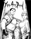  1girl 2boys belt between_breasts between_pectorals breasts chris_redfield english_text face_to_pecs facial_hair fingerless_gloves gloves greyscale head_between_pecs highres holster jill_valentine kuconoms large_breasts large_pectorals long_hair monochrome multiple_boys muscular muscular_male pants pectorals piers_nivans ponytail resident_evil shirt short_hair shoulder_holster 