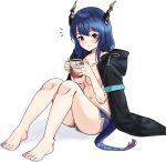 1girl arknights bare_legs barefoot black_jacket blue_hair blue_shorts blush breasts ch&#039;en_(arknights) collarbone commentary_request cup dragon_girl dragon_horns dragon_tail highres holding holding_cup hood hood_down hooded_jacket horns jacket jacket_on_shoulders knees_up lily0428 long_hair looking_at_viewer medium_breasts mug navel no_shirt notice_lines parted_lips red_eyes shadow short_shorts shorts simple_background sitting solo tail white_background 