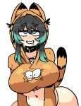  1girl animal_costume animal_ears aqua_eyes aqua_hair black_choker black_hair breasts cat_ears cat_tail character_print character_request choker commentary cosplay covered_piercing cropped_hoodie english_commentary fake_animal_ears garfield garfield_(character) garfield_(character)_(cosplay) gradient_hair grey_hair grin hair_between_eyes half-closed_eyes hood hood_up hoodie huge_breasts long_hair long_sleeves multicolored_hair navel nipple_piercing notnoe_(dxcl) open_mouth orange_hoodie piercing saliva sidelocks simple_background smile solo stomach sweat tail teeth thick_eyebrows two-tone_hair upper_body white_background 
