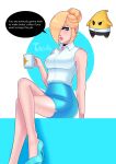  1girl absurdres alternate_costume blonde_hair blue_eyes breasts choker coffee_mug collared_shirt crossed_legs cup earrings english_text hair_bun hair_over_one_eye high_heels highres jewelry luma_(mario) mario_(series) medium_breasts mug office_lady rosalina shirt sitting skirt sleeveless sleeveless_shirt speech_bubble super_mario_galaxy tulipsie white_shirt 