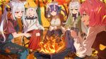  5girls a.o_(virtual_hertz) absurdres animal_ear_fluff animal_ears autumn_leaves blurry blurry_background blush breasts campfire commission cup e.que_(virtual_hertz) fang fox_ears fox_girl green_eyes grey_hair gumi_(virtual_hertz) highres holding holding_cup horns ibaraki_shun large_breasts long_hair mole mole_under_eye multiple_girls nina_(virtual_hertz) oni_horns open_mouth pink_hair purple_hair red_eyes roasted_marshmallow scarf short_hair shune_(virtual_hertz) sitting skeb_commission sleeping smile tent twintails virtual_hertz 