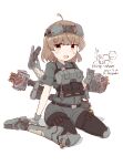  1girl :d absurdres ahoge ammunition_pouch armor armored_boots battle_of_titans belt belt_pouch black_pantyhose boots breastplate gloves headgear highres hozukikasumi knee_pads light_brown_hair mecha_musume mechanical_legs mechanical_parts military missile_pod mite_(battle_of_titans) orange_eyes pantyhose personification petite plate_carrier pouch short_hair sitting smile solo thigh_pouch utility_belt wariza weapon white_background 