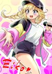  1girl baseball_cap black_shorts blonde_hair blue_eyes braid braided_ponytail breasts commentary hat hood hooded_jacket jacket kimura_pikoriino medium_breasts open_mouth outline paripi_koumei short_shorts shorts smile solo sparkle tsukimi_eiko 