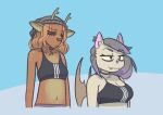  anthro antlers bat blueregardtwo breasts cleavage clothed clothing collar deer duo ear_piercing elaine_(blueregardtwo) fangs female female/female hat headgear headwear horn mammal navel piercing sports_bra_difference_meme tasha_(blueregardtwo) teeth 