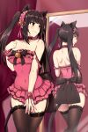  1girl animal_ears bare_shoulders bell black_bow black_hair black_thighhighs bow breasts cat_ears cat_tail cleavage collar collarbone covered_navel date_a_live dress frilled_hairband frills grin hairband heterochromia highres lindaroze long_hair medium_breasts mirror pink_dress red_collar red_eyes reflection short_dress smile tail taut_clothes taut_dress thighhighs thighs tokisaki_kurumi twintails waist_bow yellow_eyes 