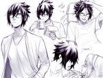  1boy 1girl anger_vein ceejles commentary cup english_text glasses greyscale hair_over_eyes hand_on_own_head haruno_sakura highres holding holding_cup holding_notepad holding_removed_eyewear monochrome mug naruto_(series) naruto_shippuuden notepad opaque_glasses reading signature uchiha_sasuke unworn_eyewear 