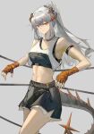  1girl absurdres arknights bare_shoulders black_shorts breasts closed_mouth collarbone commentary_request earrings grey_background grey_hair hand_wraps highres horns jewelry long_hair looking_at_viewer medium_breasts navel orange_eyes ponytail saria_(arknights) short_shorts shorts sidelocks simple_background solo tail z_shuidao 