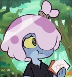  amphibia_(series) amphibian animated anthro black_clothing black_shirt black_topwear blue_body blue_skin bread chewing clothed clothing disney eating eating_food female food frog grey_eyes hair konansaurus maddie_flour pink_hair shirt solo swamp topwear yellow_sclera 