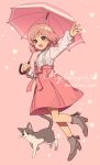  1girl :d aren_(fubuki-46) blush brown_footwear cat commentary_request flower full_body hair_flower hair_ornament high_heels highres holding holding_umbrella long_sleeves looking_at_viewer makanon_records masaki_kanon open_mouth outstretched_arm pink_background pink_hair pink_ribbon pink_skirt pink_umbrella purple_eyes ribbon shirt short_hair skirt smile solo sparkle standing star_(symbol) umbrella white_shirt 