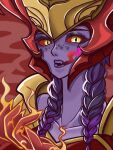  1girl colored_sclera colored_skin dragon_girl glowing glowing_hand highres kawaguti_kappa league_of_legends looking_at_viewer open_mouth purple_hair purple_skin red_background red_sclera shyvana simple_background solo upper_body yellow_eyes 