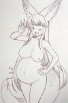  1girl ;d animal_ears big_belly commentary_request completely_nude erune granblue_fantasy hand_on_own_hip highres looking_at_viewer monochrome navel nude one_eye_closed pregnant smile tail traditional_media tsukareta_san yuel_(granblue_fantasy) 