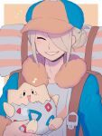  1boy ^_^ a_(poipiku_325815) backpack bag baseball_cap blonde_hair blue_jacket closed_eyes commentary_request eggshell facing_viewer grin hair_bun hair_over_one_eye happy hat holding holding_pokemon jacket male_focus musical_note open_clothes open_jacket open_mouth pokemon pokemon_(creature) pokemon_(game) pokemon_legends:_arceus shirt short_hair single_hair_bun smile togepi upper_body volo_(pokemon) white_shirt 