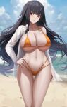  1girl abpart absurdres arm_at_side beach bikini black_hair blurry blurry_background breasts cleavage closed_mouth collarbone collared_shirt commentary english_commentary hair_ornament hand_on_own_hip highres large_breasts long_hair long_sleeves looking_at_viewer mole mole_under_eye navel ocean orange_bikini outdoors red_eyes shirt sideboob single_bare_shoulder smile solo star_(symbol) star_hair_ornament stomach swimsuit tatakau_ataisuru tattoo thigh_gap thighs underboob water white_shirt yamaguchi_ryouko 
