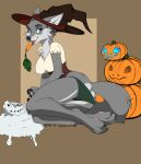  absurd_res anthro breasts butt canid canine canis carrot clothed clothing cosplay costume digital_media_(artwork) female food fruit fur halloween hat headgear headwear hi_res holidays looking_at_viewer magic magic_user mammal medium_breasts panties plant pumpkin simple_background smile solo tail underwear unknown_artist vegetable witch witch_costume witch_hat wolf yuki_(blackinkwolf) 