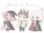  1girl 2boys ahoge animal_ears beri_ame black_cape black_headwear black_pants black_shirt black_thighhighs blood blush breast_pocket brown_hair brown_skirt candy cape collared_shirt cup danganronpa_(series) danganronpa_2:_goodbye_despair drinking fang flipped_hair food frown full_body galaga glass green_jacket green_necktie hair_ornament halloween_costume hat hat_ornament highres hinata_hajime holding holding_candy holding_cup holding_food holding_lollipop jacket komaeda_nagito lollipop looking_up messy_hair multiple_boys nanami_chiaki neck_ribbon necktie open_clothes open_jacket pants pink_eyes pink_footwear pink_ribbon pleated_skirt pocket ribbon shirt skirt standing tail thighhighs thinking trick_or_treat two-tone_shirt vampire white_hair white_shirt witch_hat wolf_boy wolf_ears wolf_tail 