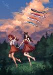  2girls animal_ear_fluff animal_ears arm_up bare_legs barefoot black_hair blue_sky bow bowtie cloud cloudy_sky crossed_bangs day dress everlasting_summer feet forest grass hair_between_eyes hand_up highres landscape legs looking_at_viewer looking_to_the_side multiple_girls nature open_mouth outdoors plaid plaid_dress red_bow red_bowtie red_dress red_hair red_skirt sainty scenery self-upload shirt short_dress short_sleeves signature skirt sky standing standing_on_one_leg sunset suspender_skirt suspenders toes ulyana_(sainty) web_address white_shirt 