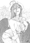  2girls 3boys absurdres ainz_ooal_gown albedo_(overlord) black_wings breasts cleavage cocytus_(overlord) demon_girl demon_horns demon_wings dress feathered_wings feathers fkscrashing greyscale highres horns large_breasts looking_at_viewer low_wings monochrome multiple_boys multiple_girls overlord_(maruyama) sebas_tian shalltear_bloodfallen sketch solo_focus white_horns wings 
