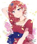  1girl arm_behind_head artist_name blush breasts character_name closed_mouth commentary confetti dated dress english_commentary fingernails floral_background flower hair_flower hair_ornament happy_birthday highres karuha looking_at_viewer love_live! love_live!_school_idol_project nishikino_maki pink_flower purple_eyes red_dress red_hair short_sleeves smile solo upper_body 